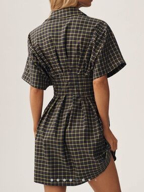 Exquise Tobie NAVY Collared Button-Down Mini Shirt Dress Anthropologie Plaid NEW